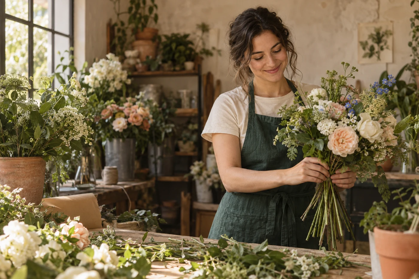 A florist focused on arranging a bouquet in her warm, sunlit flower studio